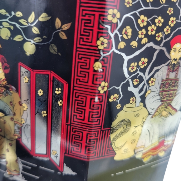 Vintage Oriental ASIAN GEISHA Style Tea Tin Storage Container Octagonal - Picture 9 of 14